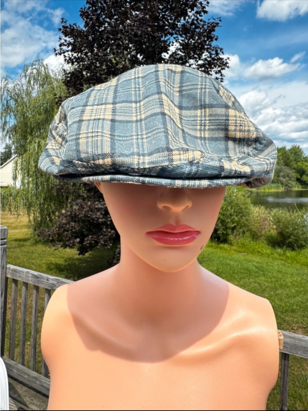 VTG 90s Structure Plaid Flat Cap Men XL Deadstock NOS Newsboy Ivy Cabbie - Picture 3 of 3